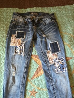 Grace Blue Distressed Skinny Jeans with Floral Patchwork